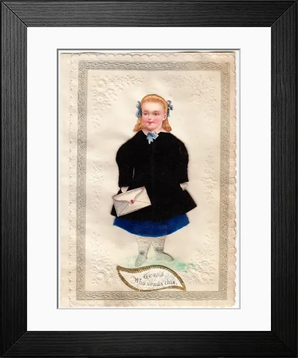 Framed Print : Girl with envelope on a fabric greetings card Framed Print : Girl with envelope on a fabric greetings card
