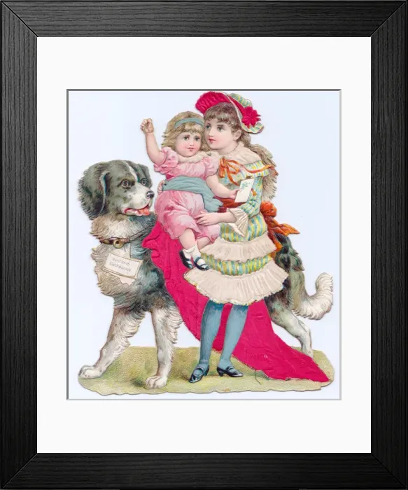 Framed Print : Children and dog on a cutout German greetings card Framed Print : Children and dog on a cutout German greetings card