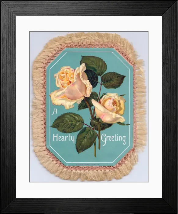 Framed Print : Pale orange roses on a fabric greetings card Framed Print : Pale orange roses on a fabric greetings card