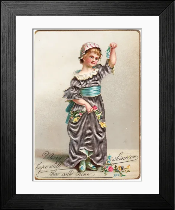 Framed Print : Girl with flowers on a fabric greetings card Framed Print : Girl with flowers on a fabric greetings card