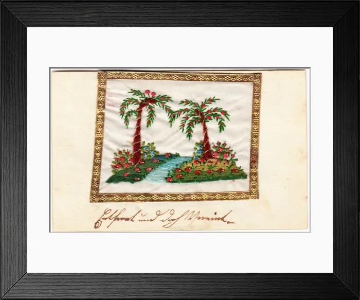 Framed Print : Embroidered fruit trees with gold edging Framed Print : Embroidered fruit trees with gold edging