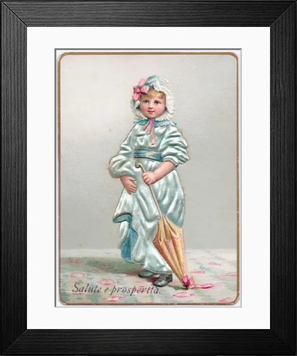 Framed Print : Girl in pale blue on an Italian greetings card