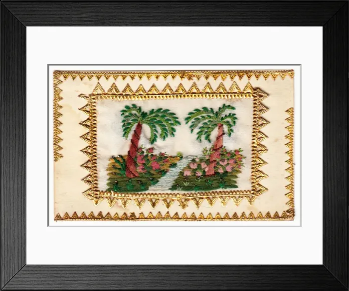 Framed Print : Embroidered palm trees with gold edging Framed Print : Embroidered palm trees with gold edging