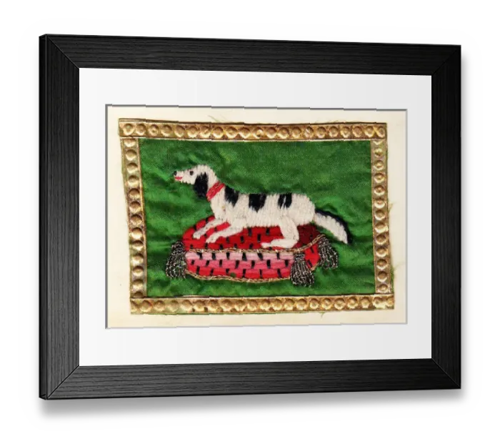 Framed Print : Embroidered dog on a cushion with gold edging Framed Print : Embroidered dog on a cushion with gold edging