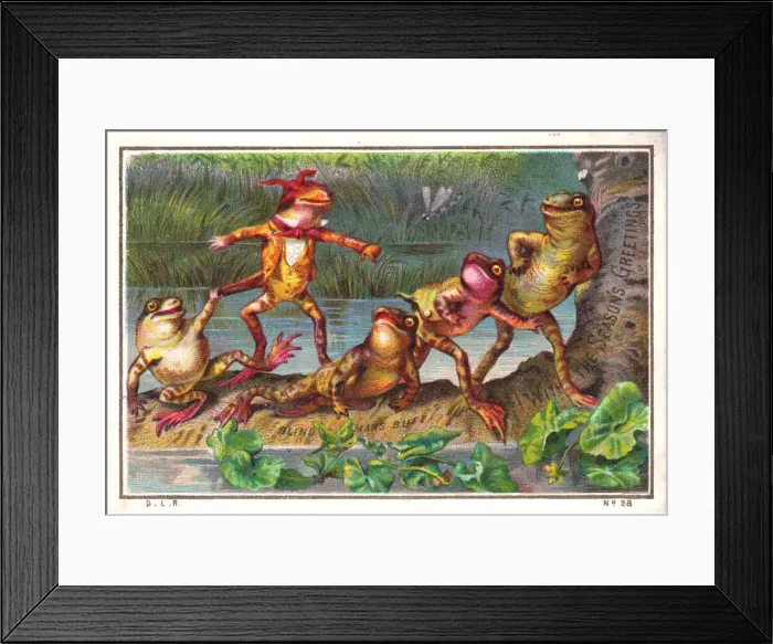 Framed Print : Frogs playing blind mans buff on a Christmas card Framed Print : Frogs playing blind mans buff on a Christmas card