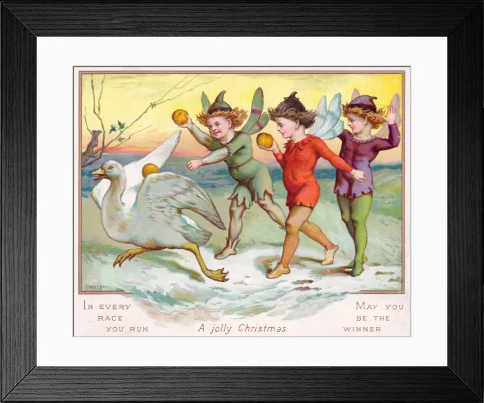 Framed Print : Fairies chasing a goose on a Christmas card Framed Print : Fairies chasing a goose on a Christmas card