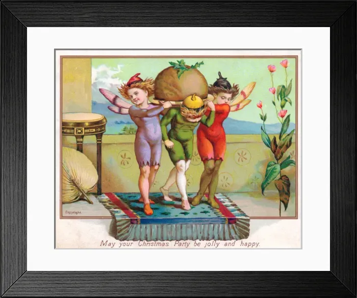 Framed Print : Fairies carrying a pudding on a Christmas card Framed Print : Fairies carrying a pudding on a Christmas card