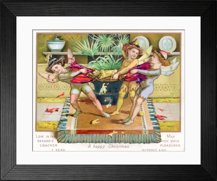 Framed Print : Fairies pulling a paper cracker on a Christmas card Framed Print : Fairies pulling a paper cracker on a Christmas card