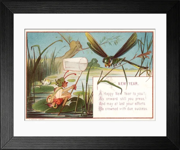 Framed Print : Goblin and dragonfly on a New Year card Framed Print : Goblin and dragonfly on a New Year card