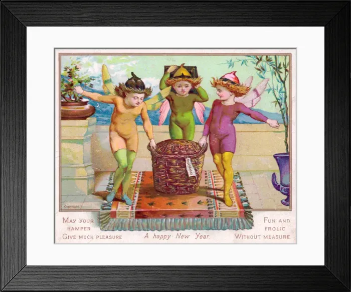 Framed Print : Fairies carrying a hamper on a New Year card Framed Print : Fairies carrying a hamper on a New Year card