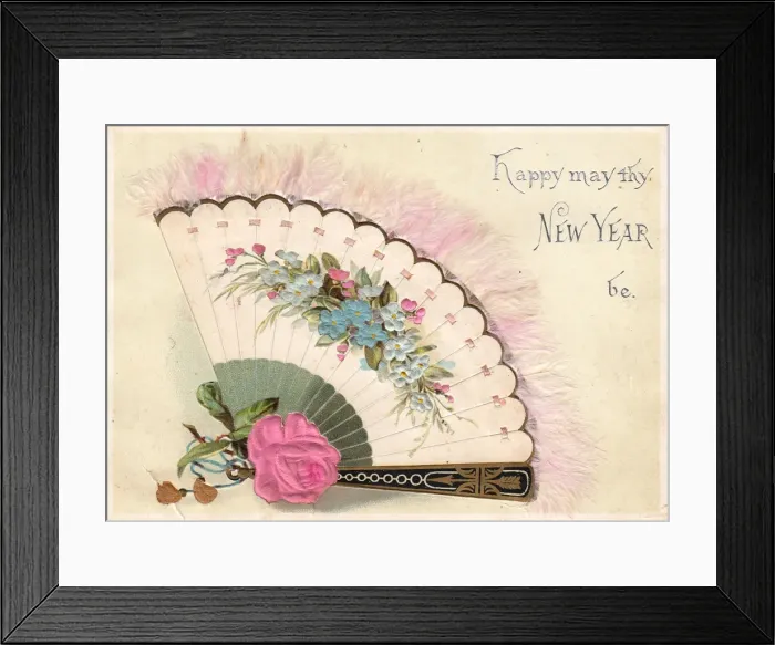 Framed Print : Fan decorated with flowers on a New Year card Framed Print : Fan decorated with flowers on a New Year card