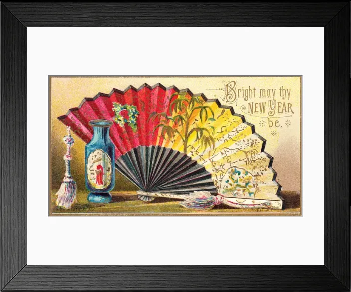 Framed Print : Ornate fan and blue vase on a New Year card Framed Print : Ornate fan and blue vase on a New Year card