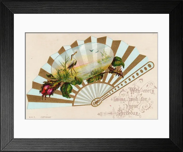 Framed Print : Birthday card with birds and rosebud on a fan Framed Print : Birthday card with birds and rosebud on a fan