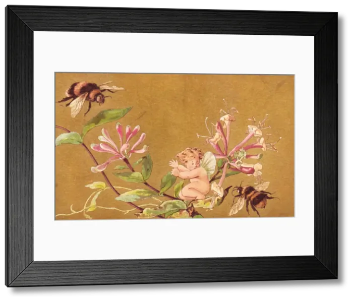 Framed Print : Fairy with flowers and bees on a greetings card Framed Print : Fairy with flowers and bees on a greetings card