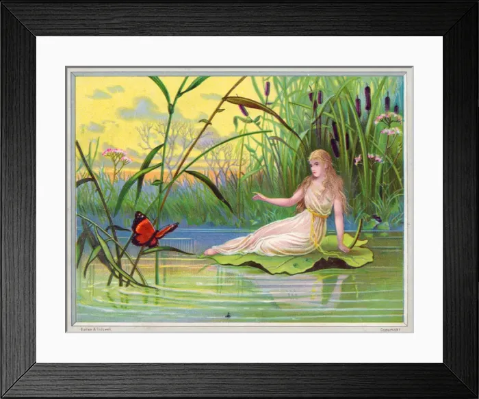 Framed Print : Fairy watching a butterfly on a greetings card