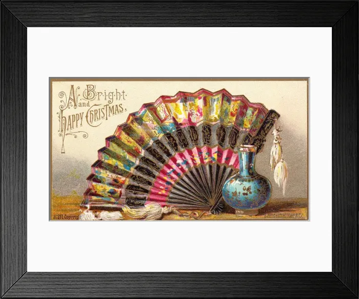 Framed Print : Ornate fan and blue vase on a Christmas card Framed Print : Ornate fan and blue vase on a Christmas card