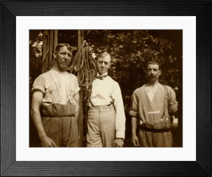 Framed Print : Three men standing by wooden escape ladder at Quex Framed Print : Three men standing by wooden escape ladder at Quex