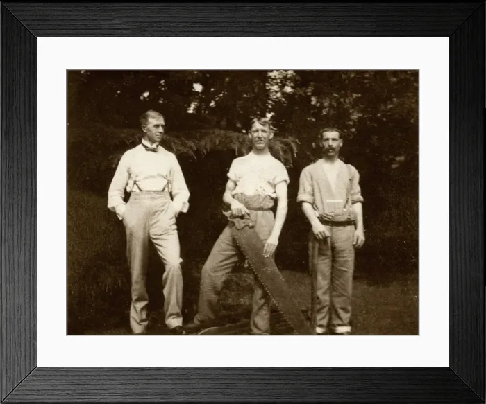 Framed Print : Three men in the gardens of Quex House, with saw Framed Print : Three men in the gardens of Quex House, with saw