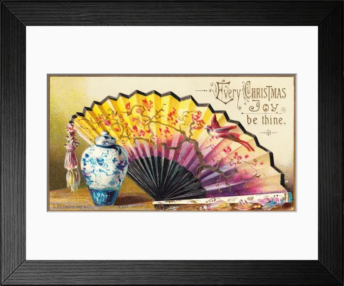 Framed Print : Ornate fan and blue vase on a Christmas card Framed Print : Ornate fan and blue vase on a Christmas card