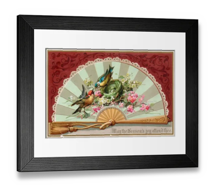 Framed Print : Ornate fan with birds and flowers on a Christmas card Framed Print : Ornate fan with birds and flowers on a Christmas card