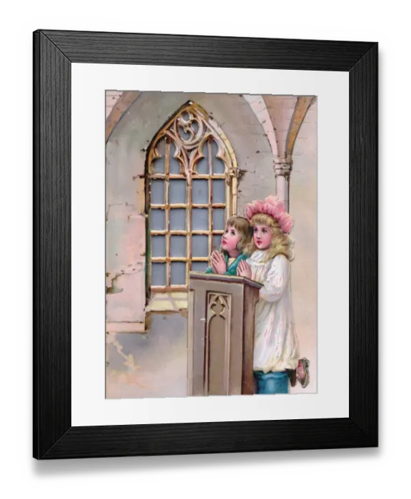 Framed Print : Two children praying in church on a Christmas card Framed Print : Two children praying in church on a Christmas card