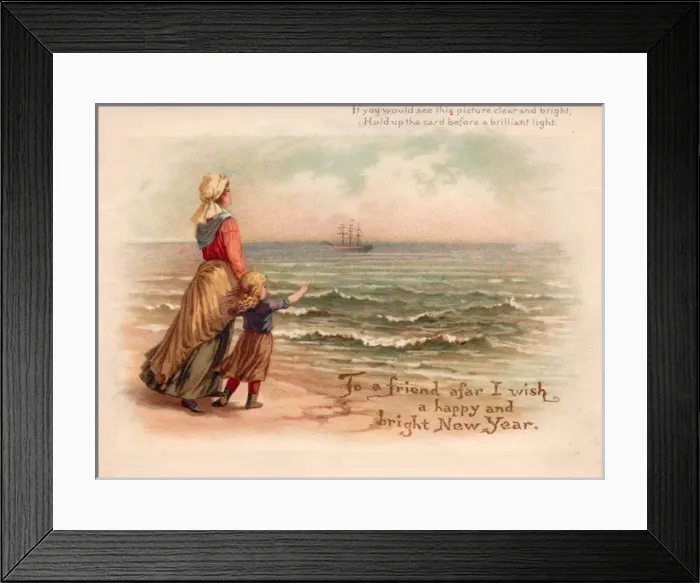 Framed Print : Mother and child watching a ship on a New Year card Framed Print : Mother and child watching a ship on a New Year card