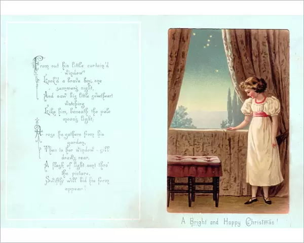 Young girl standing at a window on a Christmas card