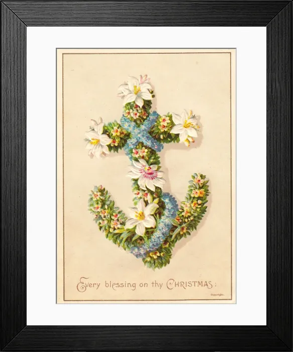 Framed Print : Flowers in the shape of an anchor on a Christmas card