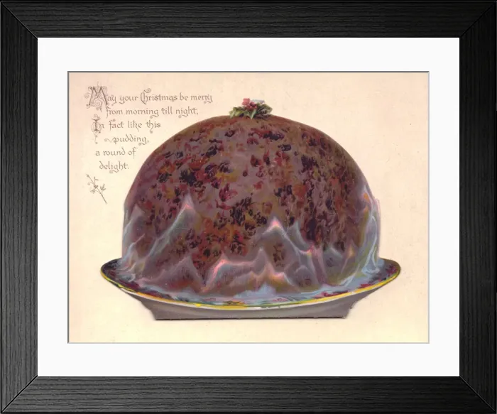 Framed Print : Pudding in flames on a Christmas card Framed Print : Pudding in flames on a Christmas card