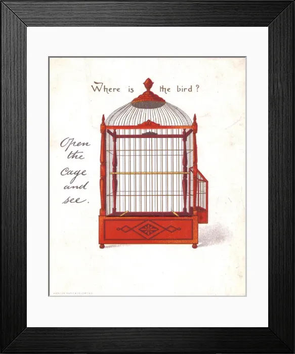 Framed Print : Empty birdcage on a greetings card Framed Print : Empty birdcage on a greetings card