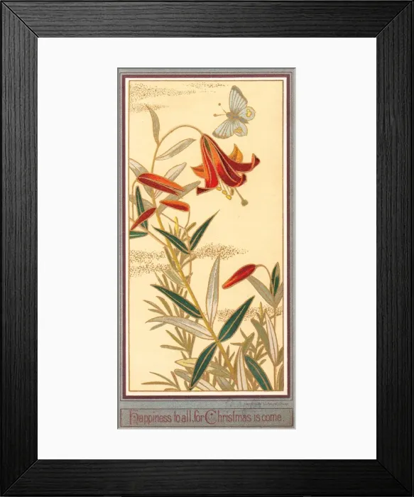 Framed Print : Red lilies and butterfly on a Christmas card Framed Print : Red lilies and butterfly on a Christmas card