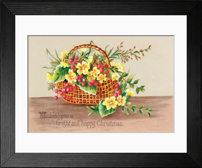 Framed Print : Flowers and berries in a basket on a Christmas card Framed Print : Flowers and berries in a basket on a Christmas card