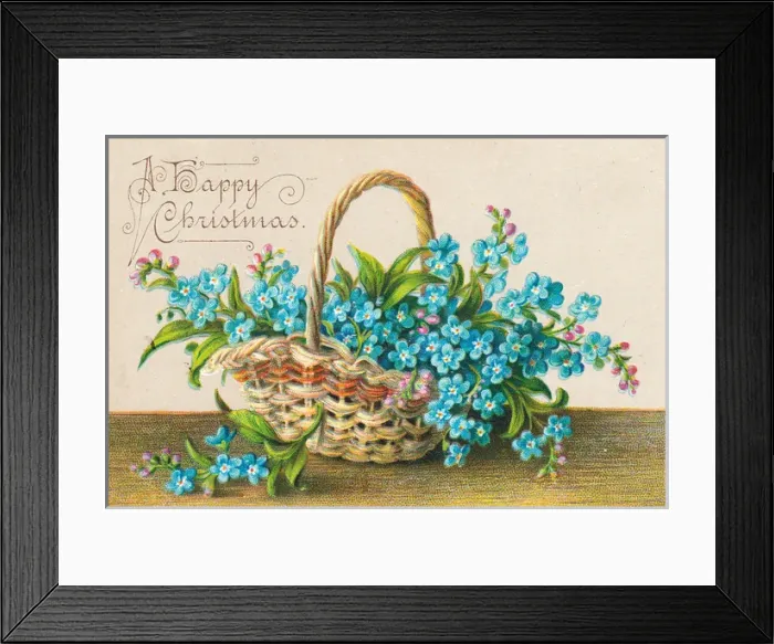 Framed Print : Blue flowers in a basket on a Christmas card Framed Print : Blue flowers in a basket on a Christmas card