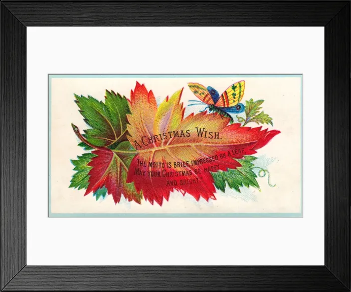 Framed Print : Autumn leaf and butterfly on a Christmas card Framed Print : Autumn leaf and butterfly on a Christmas card
