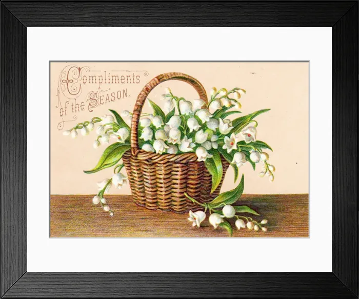 Framed Print : White flowers in a basket on a Christmas card Framed Print : White flowers in a basket on a Christmas card