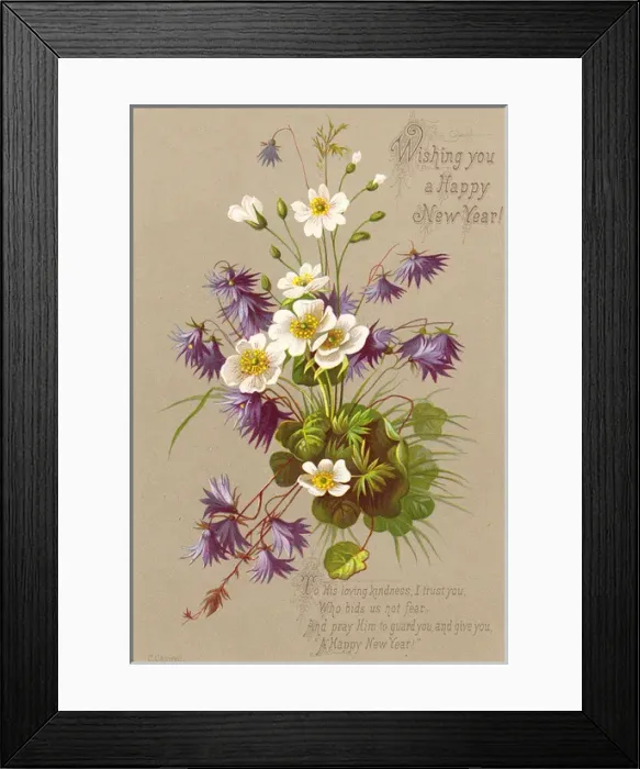 Framed Print : White and purple flowers on a New Year card Framed Print : White and purple flowers on a New Year card