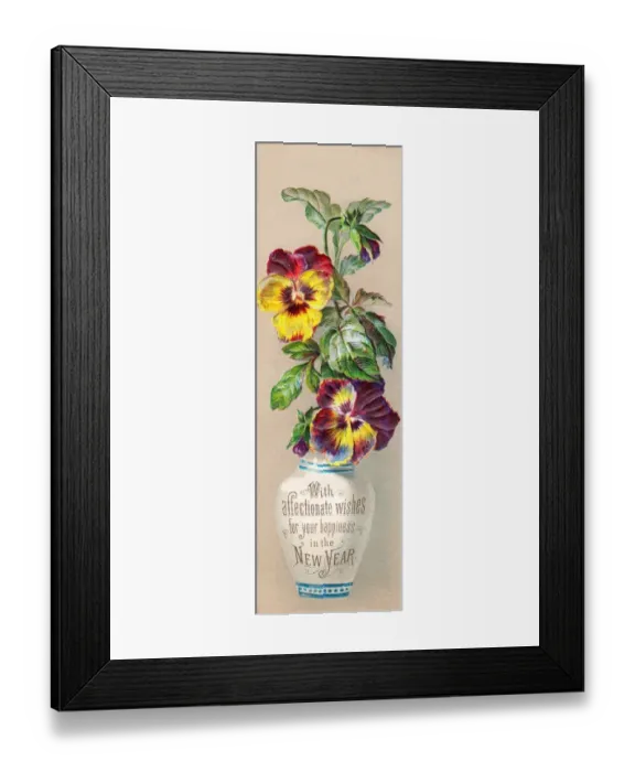 Framed Print : Pansies in a vase on a New Year card Framed Print : Pansies in a vase on a New Year card