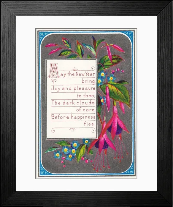 Framed Print : Pink, purple and blue flowers on a New Year card Framed Print : Pink, purple and blue flowers on a New Year card