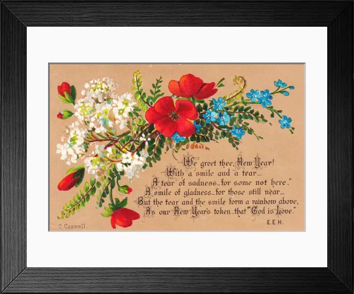 Framed Print : Red, white and blue flowers on a New Year card Framed Print : Red, white and blue flowers on a New Year card