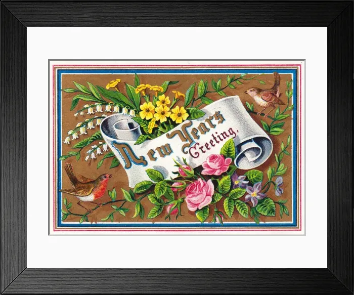 Framed Print : Flowers and birds on a New Year card Framed Print : Flowers and birds on a New Year card