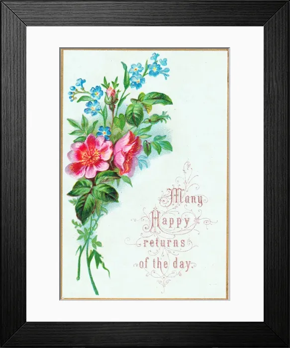 Framed Print : Pink and blue flowers on a birthday card Framed Print : Pink and blue flowers on a birthday card