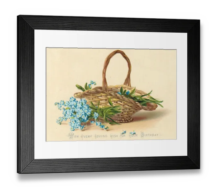 Framed Print : Blue flowers and a basket on a birthday card Framed Print : Blue flowers and a basket on a birthday card