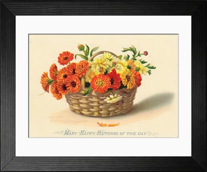 Framed Print : Orange and yellow flowers in a basket on a birthday card Framed Print : Orange and yellow flowers in a basket on a birthday card