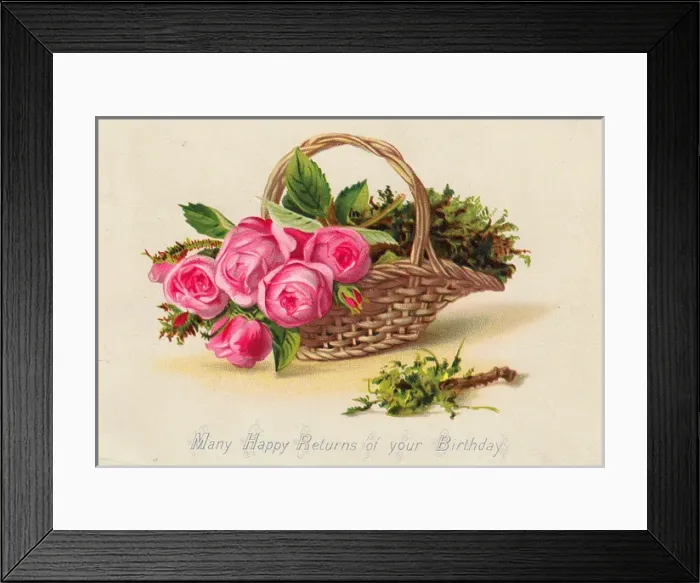 Framed Print : Pink roses in a basket on a birthday card Framed Print : Pink roses in a basket on a birthday card