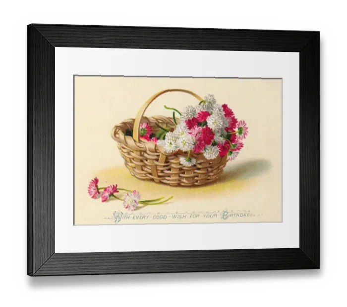 Framed Print : Pink and white flowers in a basket on a birthday card Framed Print : Pink and white flowers in a basket on a birthday card