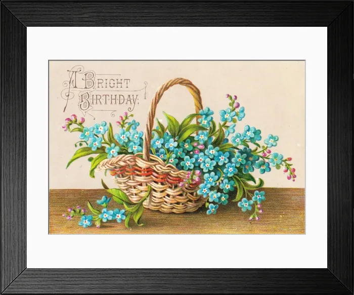 Framed Print : Blue flowers in a basket on a birthday card Framed Print : Blue flowers in a basket on a birthday card