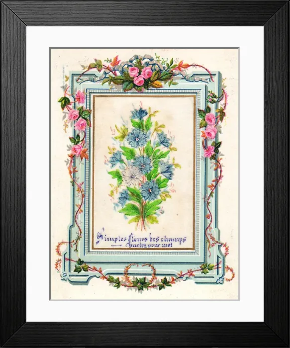 Framed Print : Pink and blue flowers on a French greetings card Framed Print : Pink and blue flowers on a French greetings card