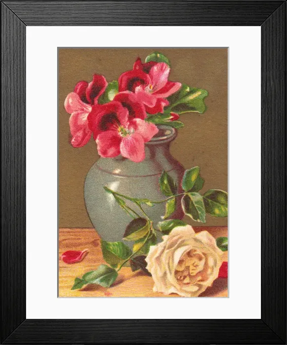 Framed Print : Flowers and grey jug on a greetings card Framed Print : Flowers and grey jug on a greetings card