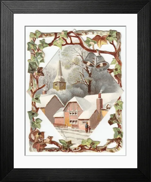 Framed Print : Snow scene with church and bells on a Christmas card Framed Print : Snow scene with church and bells on a Christmas card
