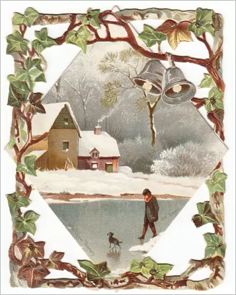 Snow scene with mill and cottage on a Christmas card